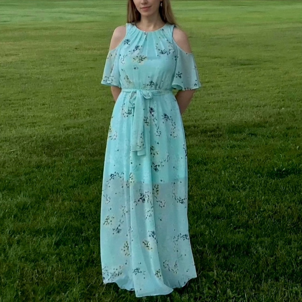 Calvin Klein 6 Maxi Dress Aqua Blue Asian Floral Cold Shoulder Chiffon Flowy - Picture 13 of 13